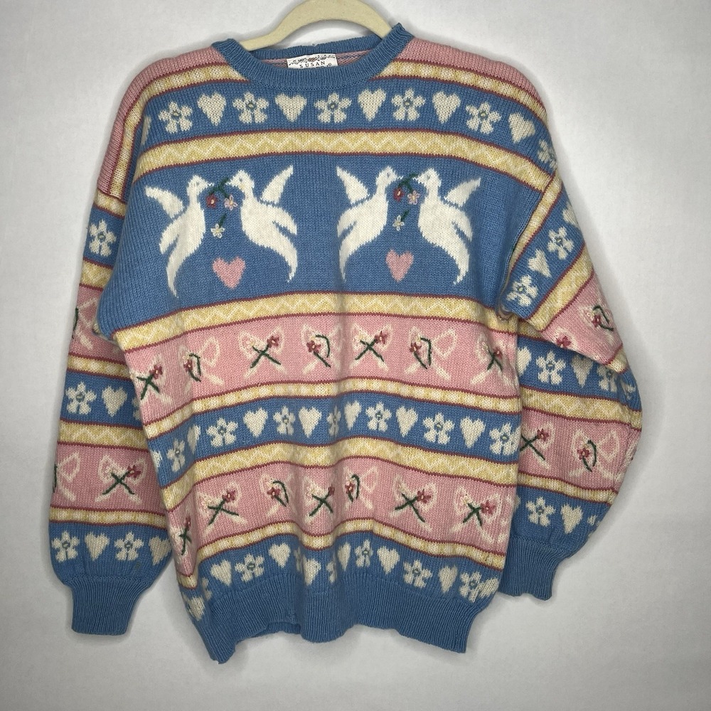 Vintage Susan Bristol Doves Sweater Puff Sleeves Granny Bows Hearts M 38 Wool
